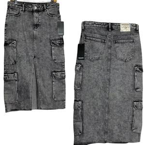 NEW True Religion Y2K Vintage Charcoal Wash Denim Cargo Midi Skirt Front Slit 23
